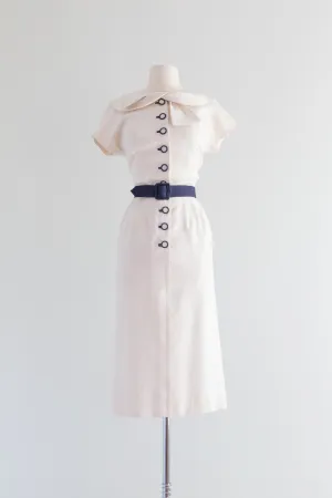 1950's Navy Blue & White Linen Button Down Wiggle Dress By Sophie / Waist 28