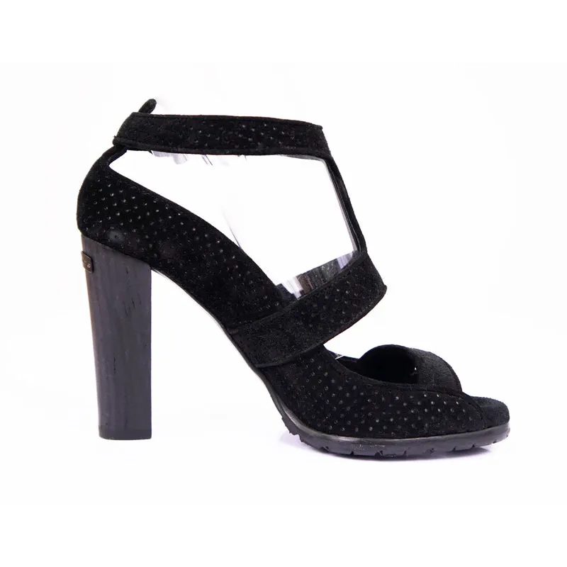 36 NEW $695 BURBERRY Black Perforated Suede T-STRAP HIGH CHUNKY HEELS SANDALS 6