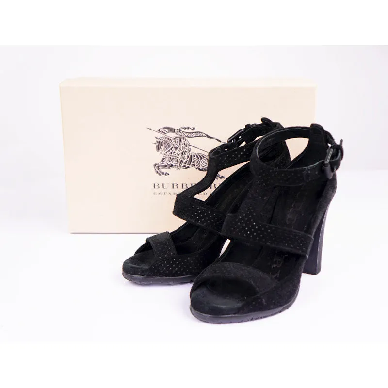 36 NEW $695 BURBERRY Black Perforated Suede T-STRAP HIGH CHUNKY HEELS SANDALS 6