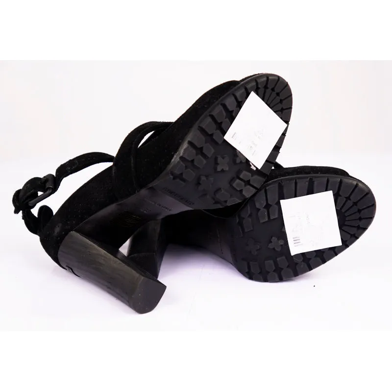 36 NEW $695 BURBERRY Black Perforated Suede T-STRAP HIGH CHUNKY HEELS SANDALS 6