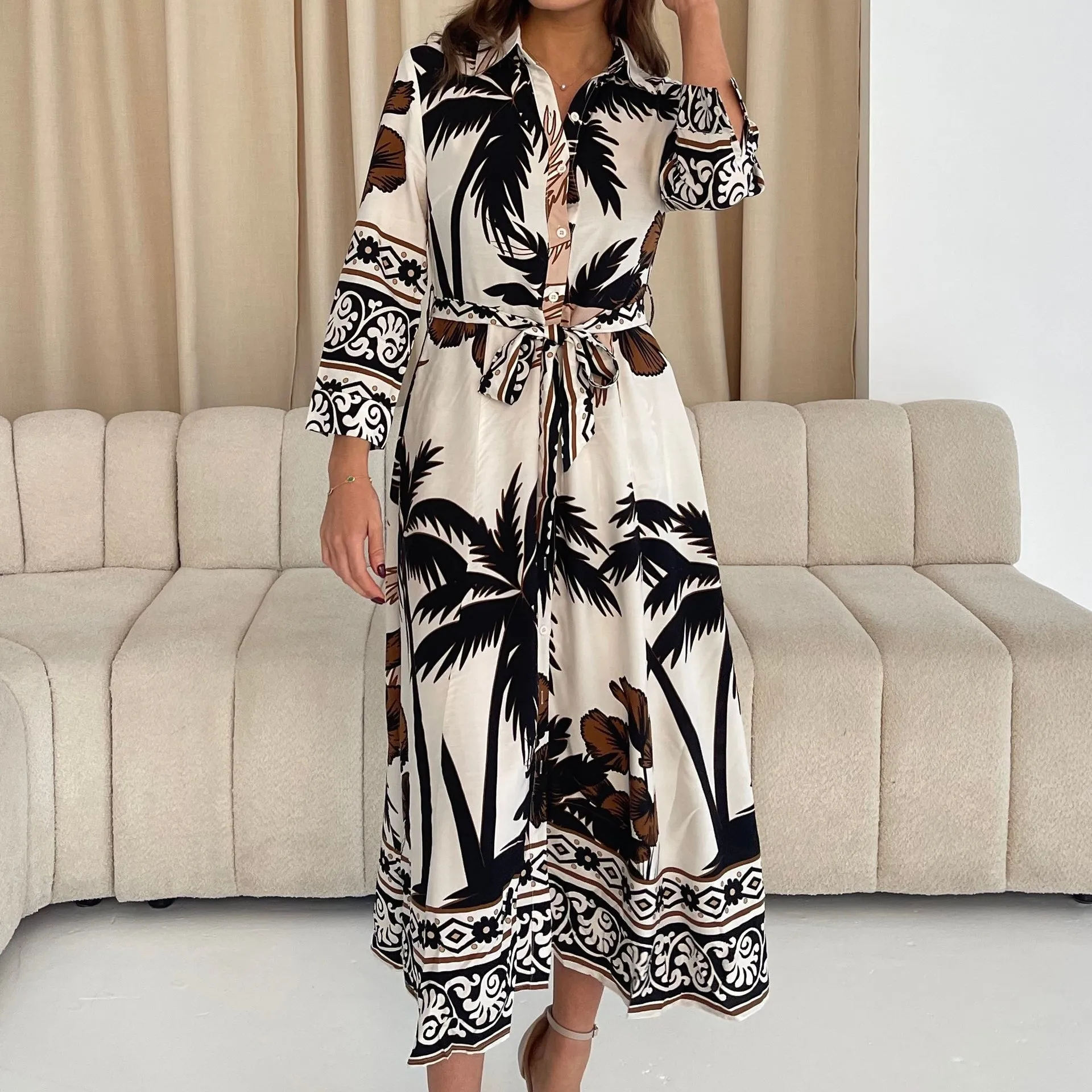 Angela Palm Print Shirt Maxi Dress