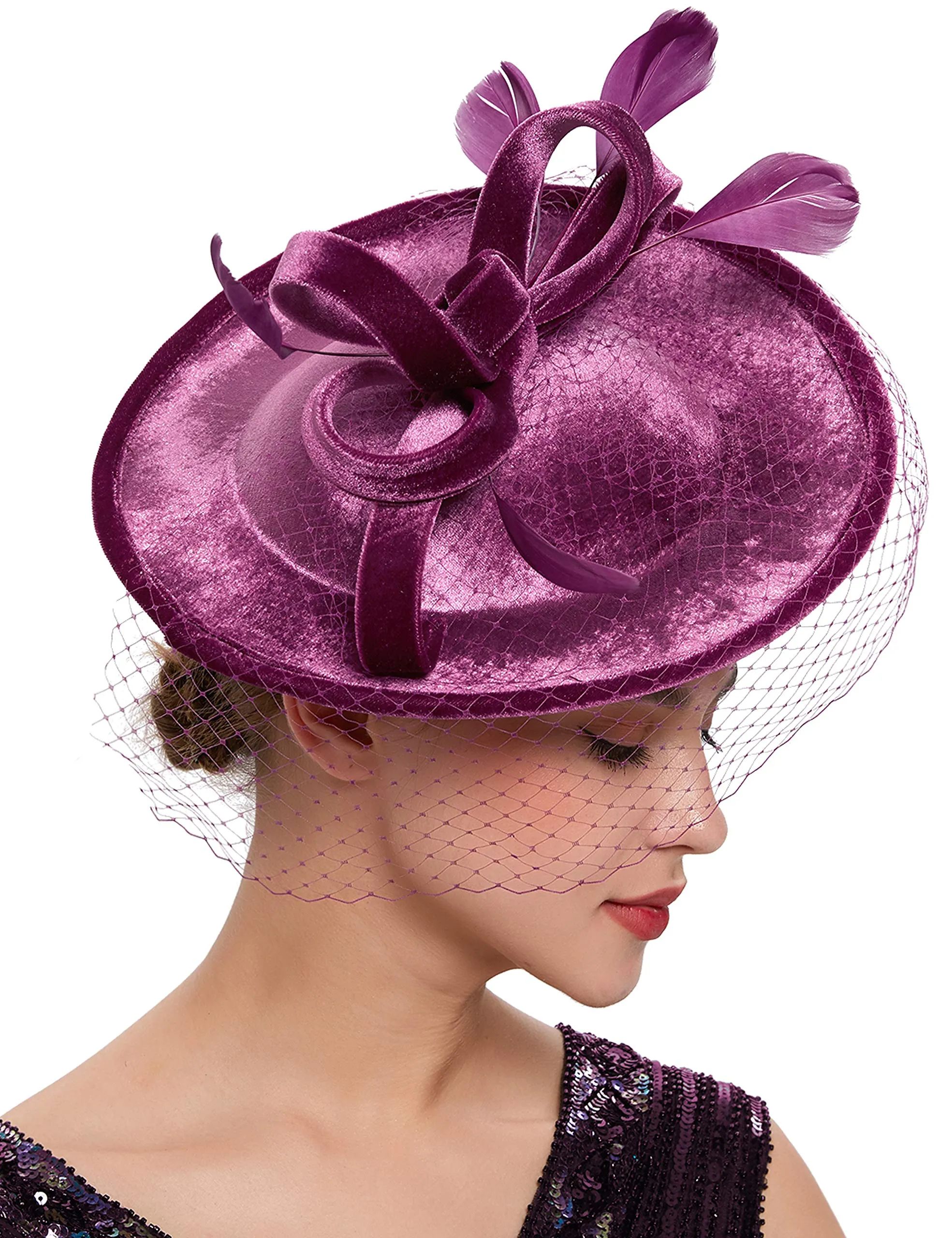 BABEYOND Tea Party Fascinator Kentucky Derby Hat Fascinator Cocktail Pillbox Hat Veil Headband Purple
