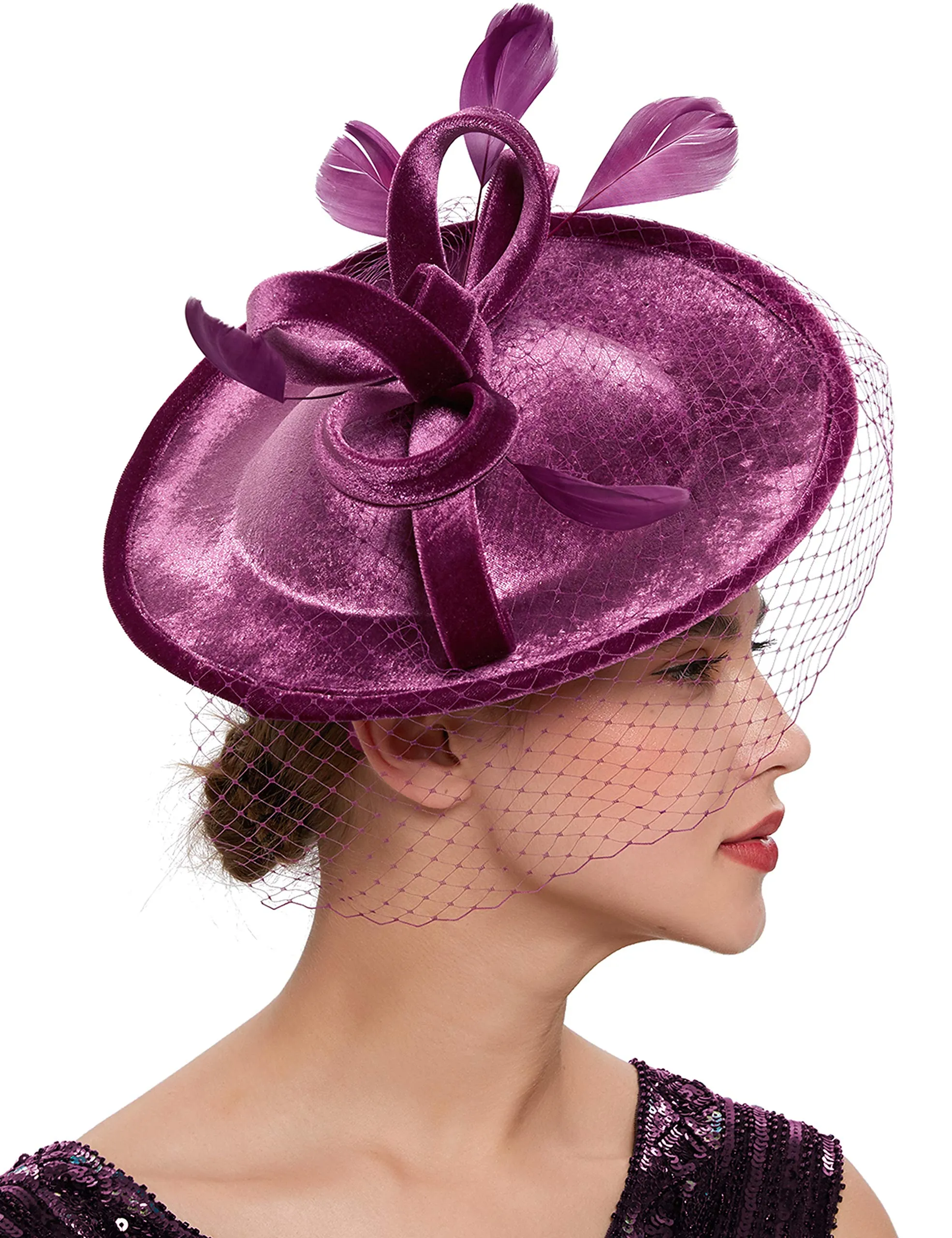 BABEYOND Tea Party Fascinator Kentucky Derby Hat Fascinator Cocktail Pillbox Hat Veil Headband Purple