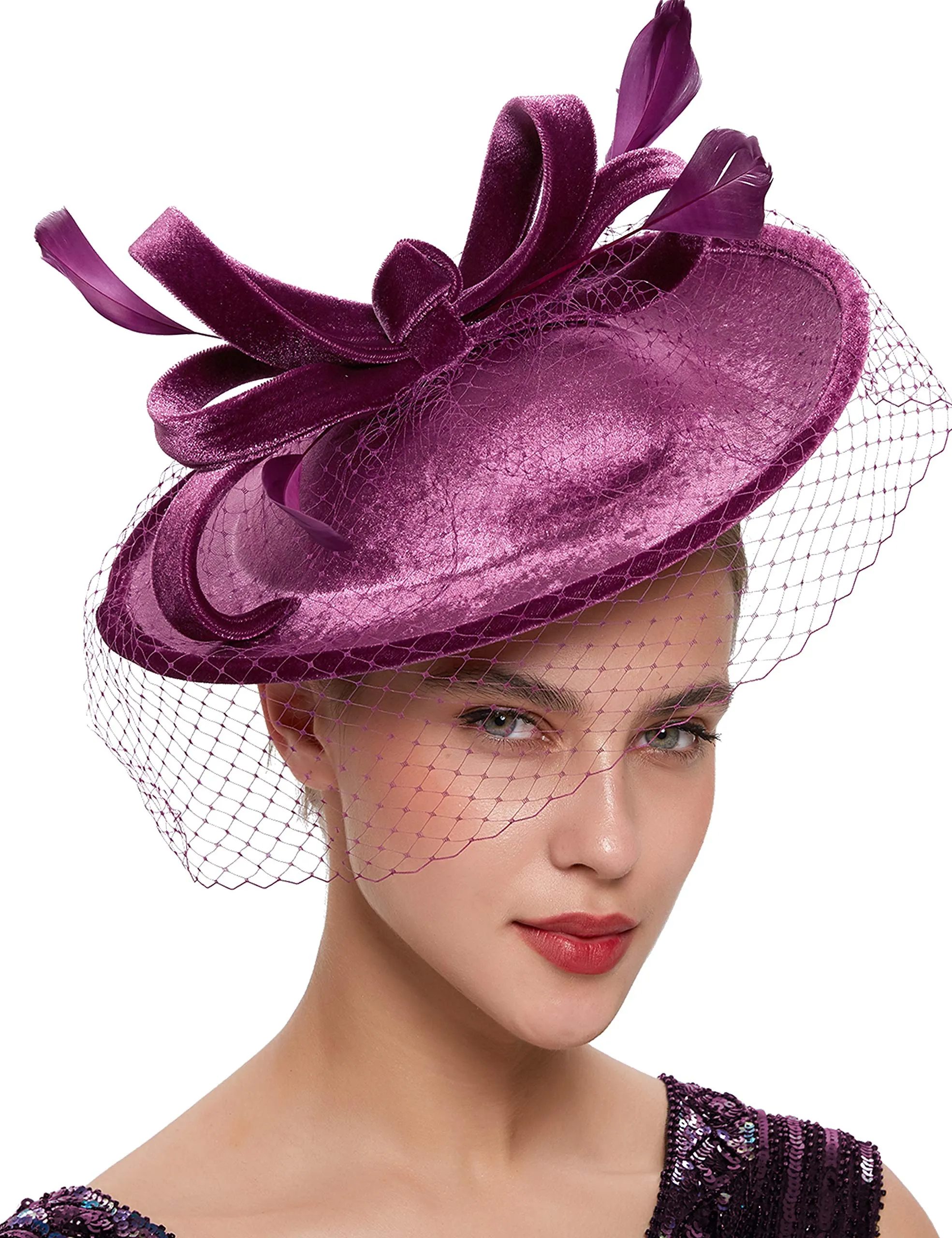 BABEYOND Tea Party Fascinator Kentucky Derby Hat Fascinator Cocktail Pillbox Hat Veil Headband Purple