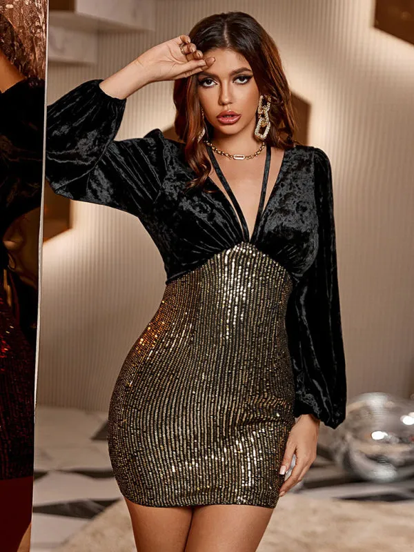 Bishop Sleeve Mesh Sequin Velour Mini Dress