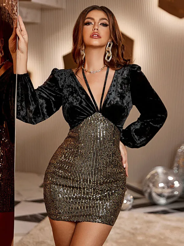 Bishop Sleeve Mesh Sequin Velour Mini Dress