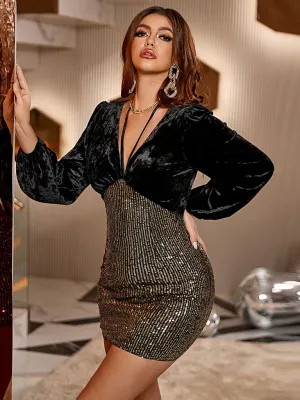Bishop Sleeve Mesh Sequin Velour Mini Dress