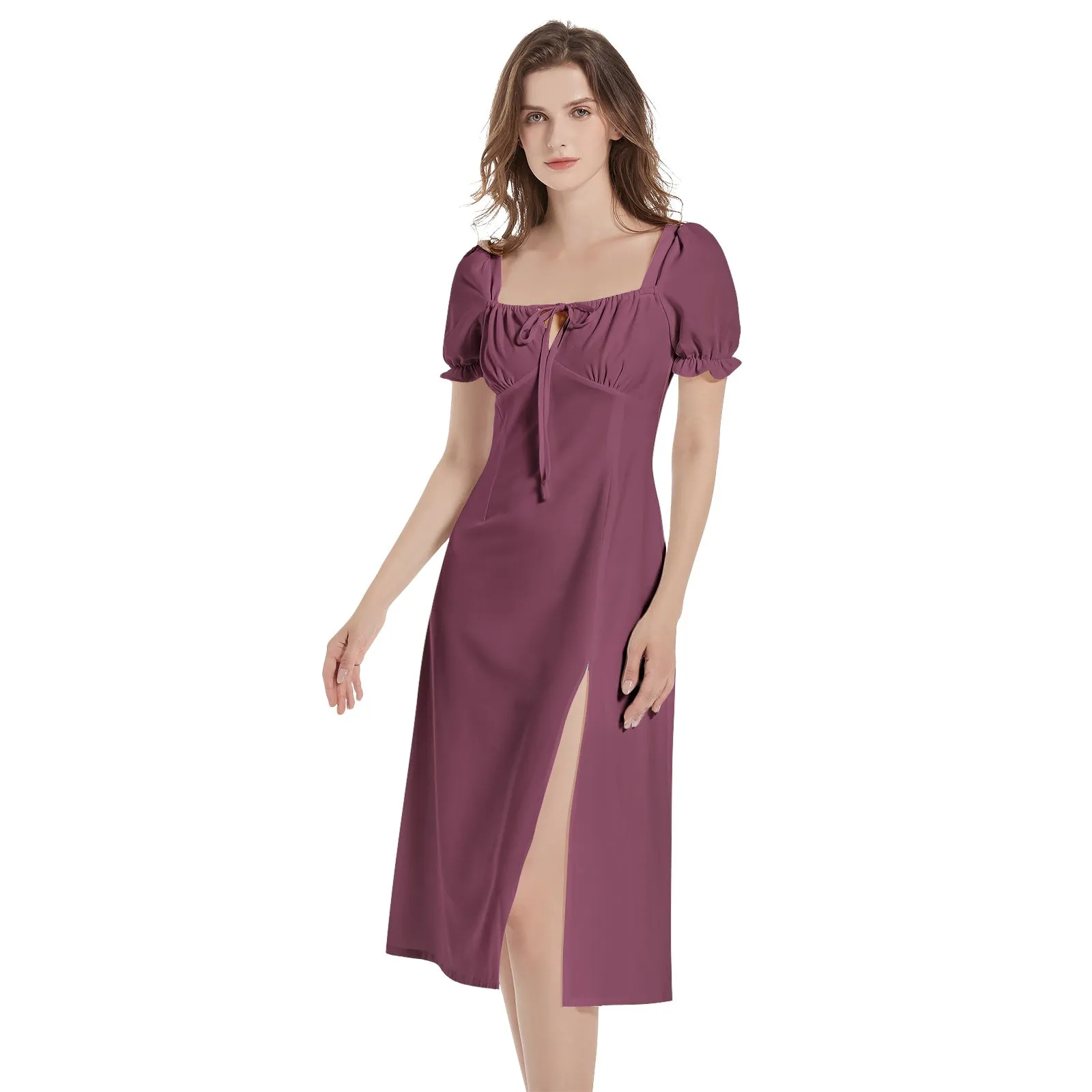 Burgundy Puff Sleeve Split Thigh Midi Dress