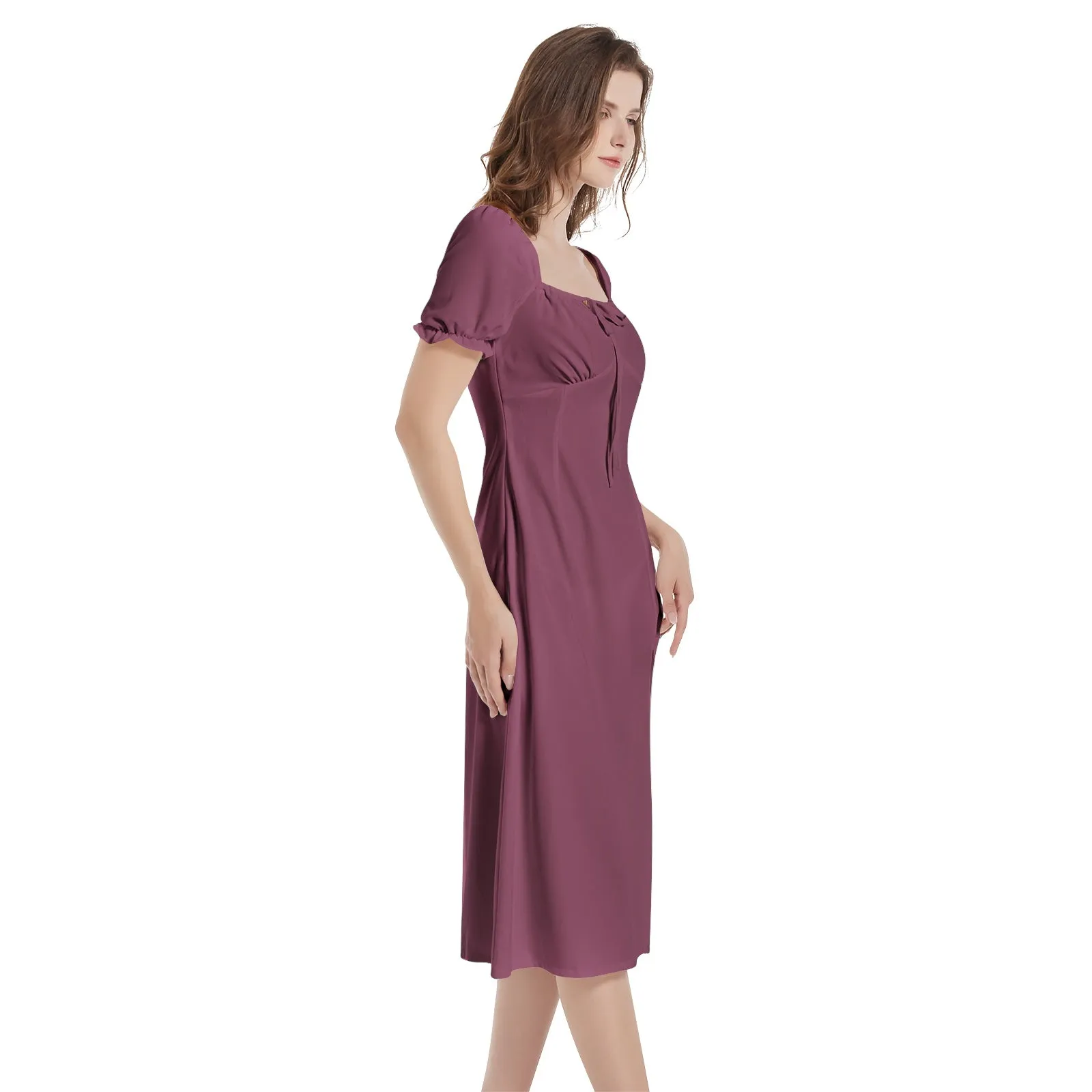 Burgundy Puff Sleeve Split Thigh Midi Dress