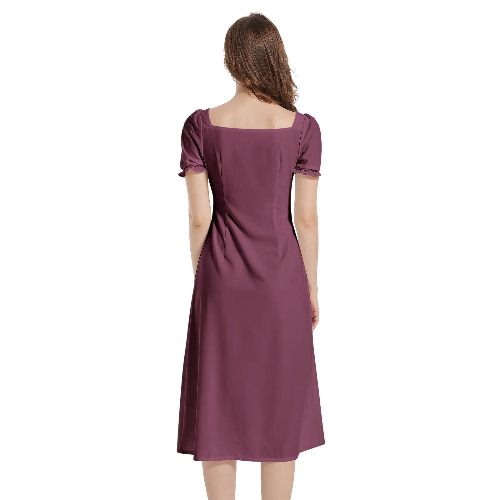 Burgundy Puff Sleeve Split Thigh Midi Dress