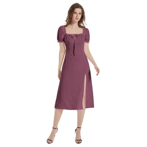 Burgundy Puff Sleeve Split Thigh Midi Dress