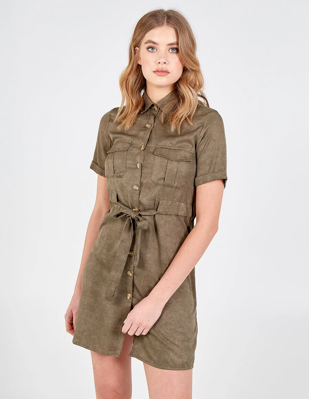 Button Front Tie Waist Shirt Dress
