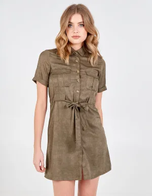 Button Front Tie Waist Shirt Dress