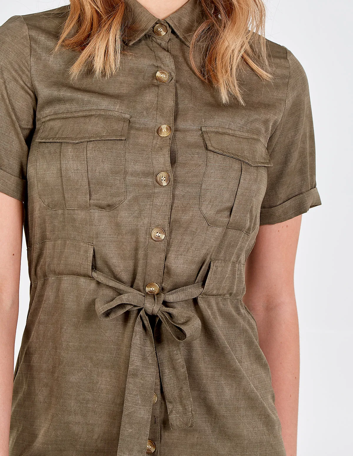 Button Front Tie Waist Shirt Dress