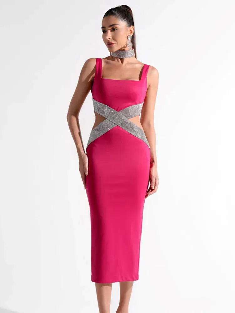 Chloe Enigma
 Sexy Backless V Neck Cutout Diamonds Black  Dress 2024 Elegant Evening Club Party Dress