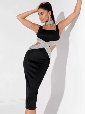 Chloe Enigma
 Sexy Backless V Neck Cutout Diamonds Black  Dress 2024 Elegant Evening Club Party Dress