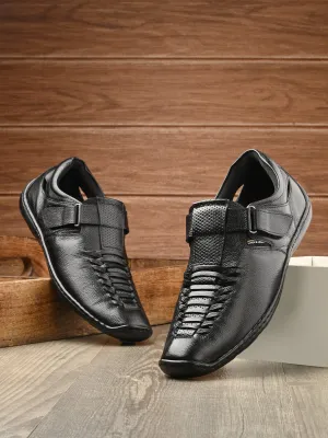 Hitz Men's Black Leather Shoe Style Sandals with Velcro Closure
