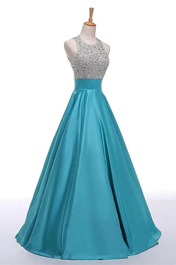 Light Blue Backless Beaded Long A-line Satin Classy Prom Dress K716