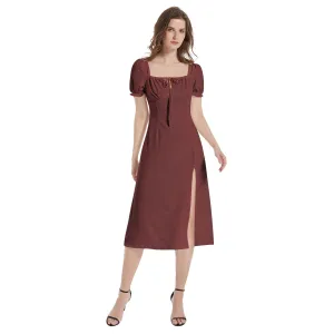 Maroon Puff Sleeve Split Thigh Midi Dress