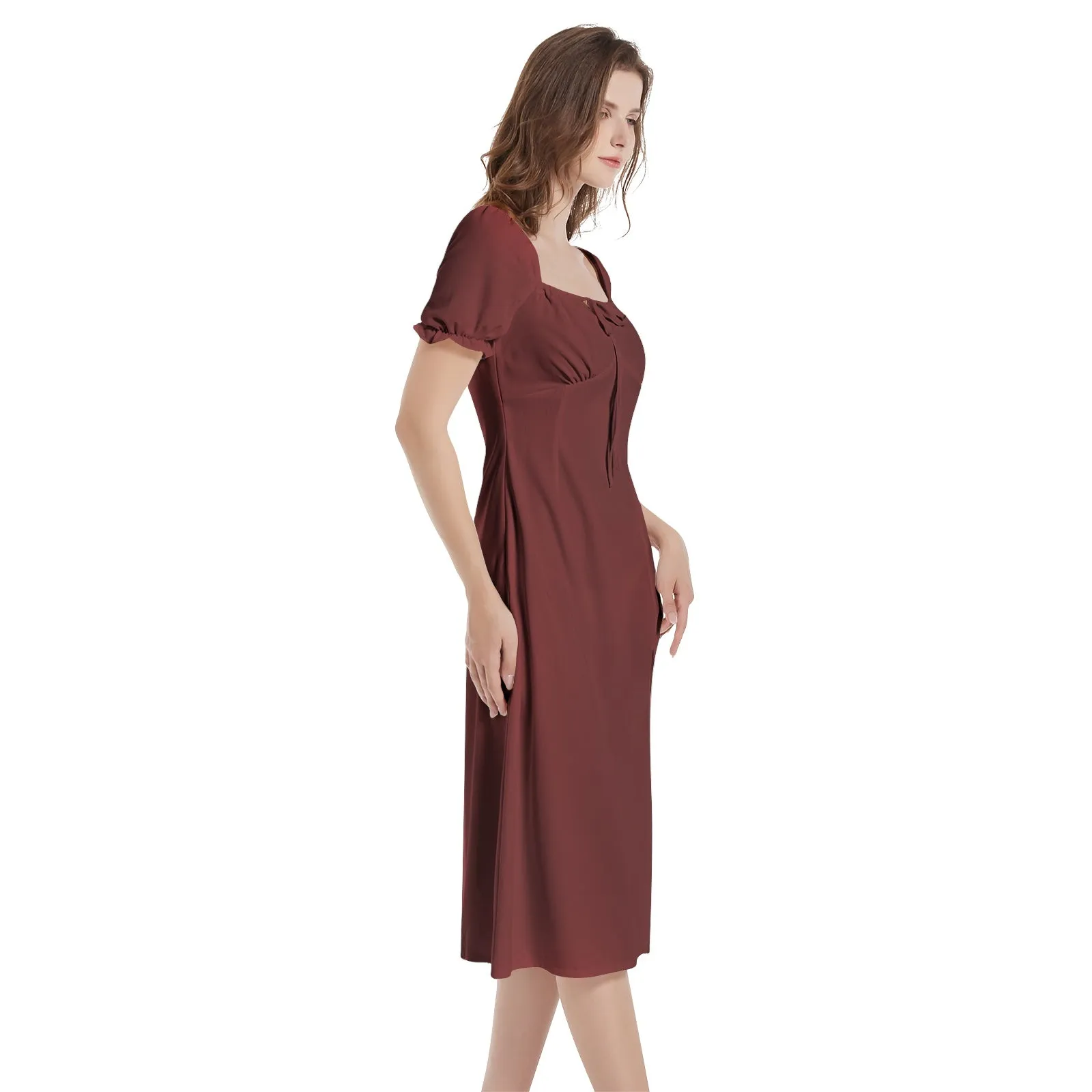 Maroon Puff Sleeve Split Thigh Midi Dress