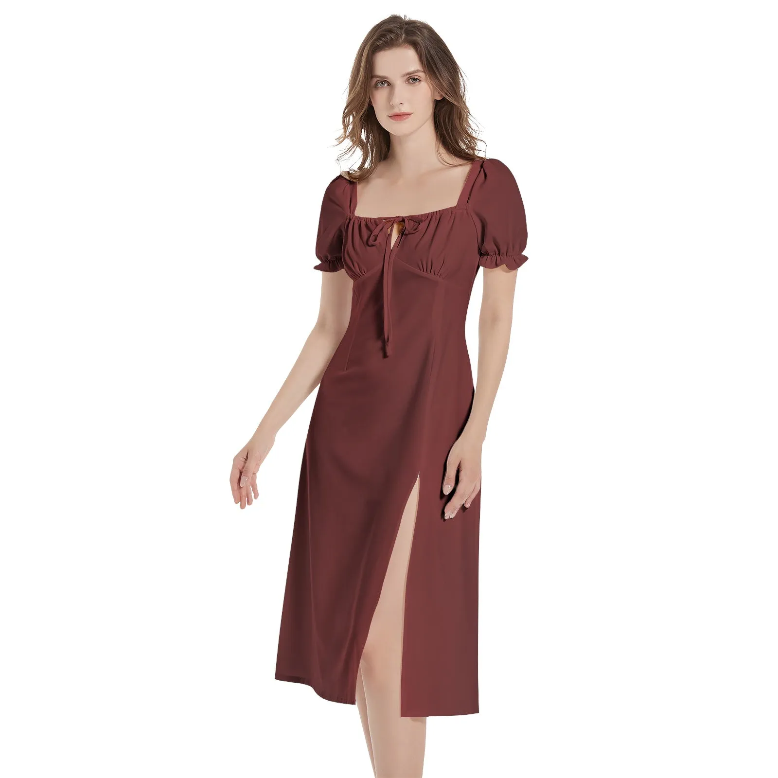 Maroon Puff Sleeve Split Thigh Midi Dress