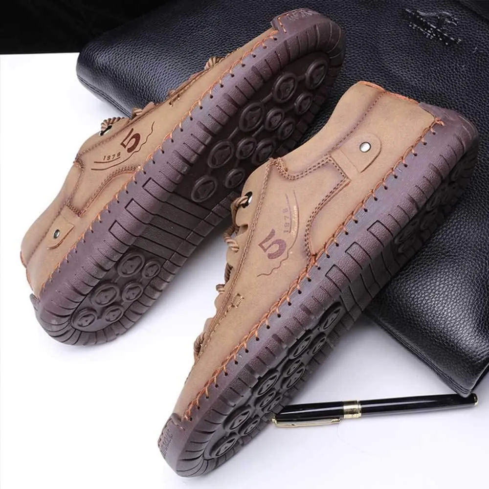 Mens Casual Shoes Genuine Leather Loafers Lightweight Breathable Outdoor Walking Shoes Slip On Sneakers