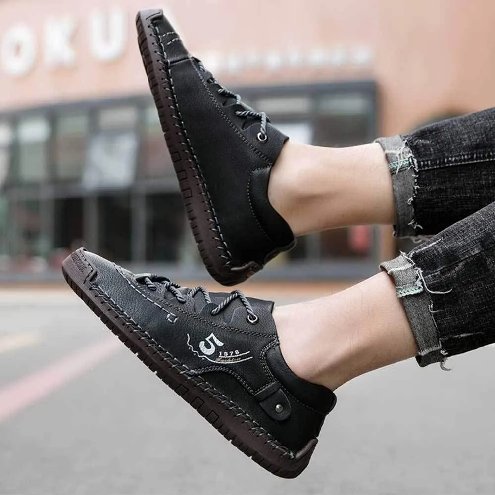 Mens Casual Shoes Genuine Leather Loafers Lightweight Breathable Outdoor Walking Shoes Slip On Sneakers