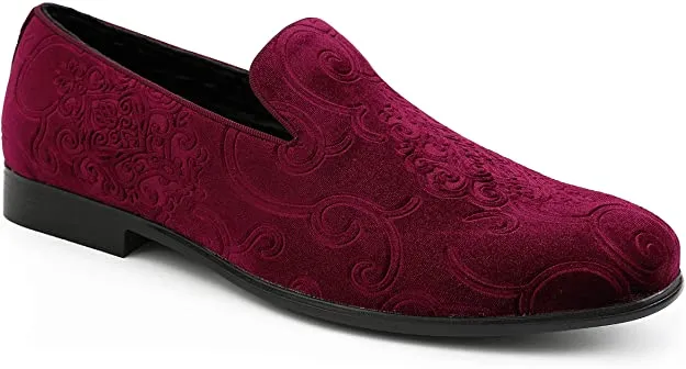 Men's Red Wine Paisley High Quality Velvet Loafer Dress Shoes