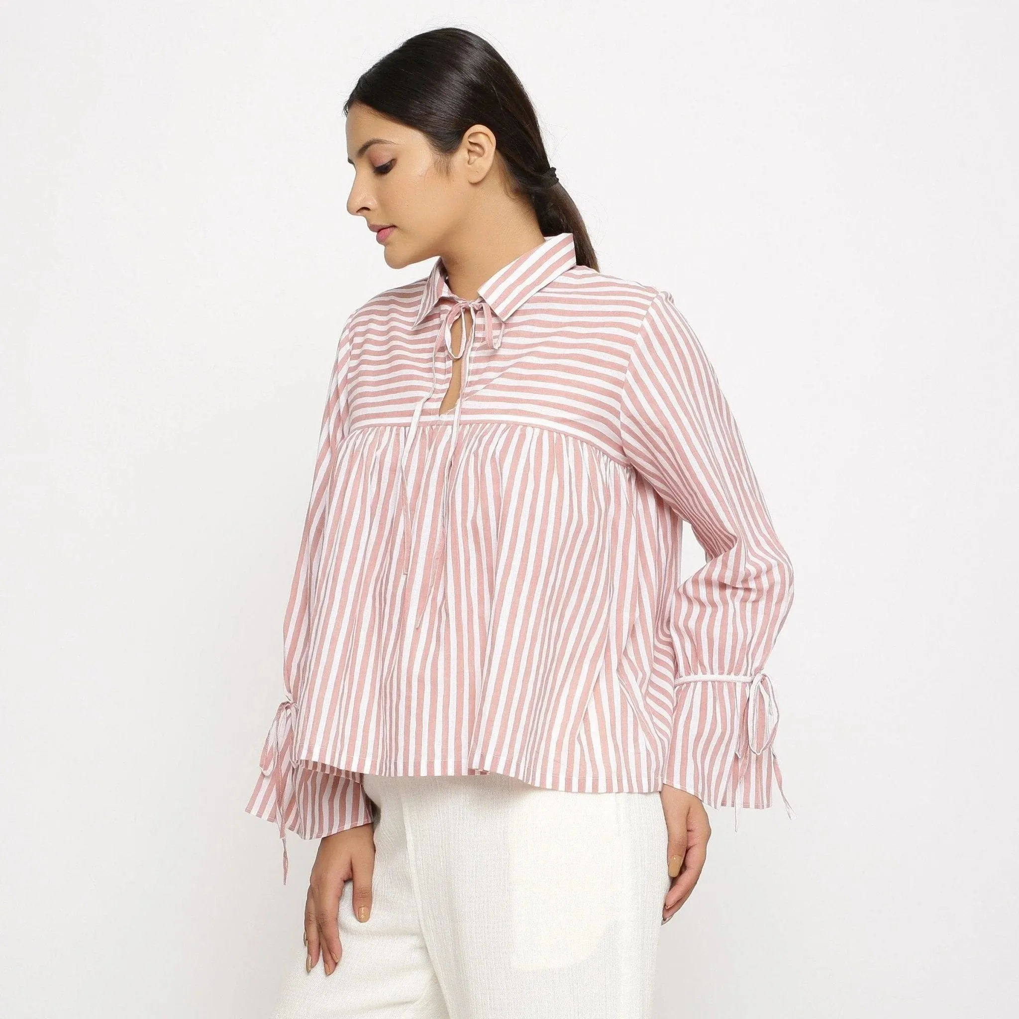 Pink Hand Screen Print Cotton Poet Sleeve Gathered Top