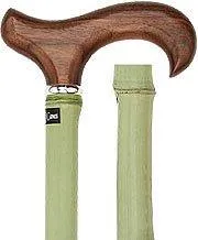Scratch and Dent Walnut Stained Beechwood Derby Walking Cane With Green Bamboo Shaft and Silver Collar V2141