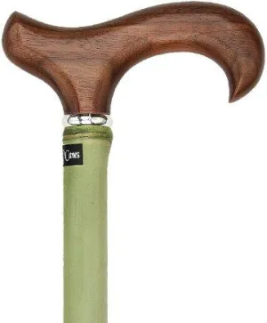 Scratch and Dent Walnut Stained Beechwood Derby Walking Cane With Green Bamboo Shaft and Silver Collar V2141