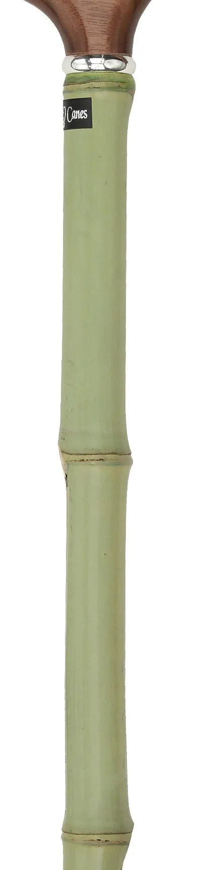 Scratch and Dent Walnut Stained Beechwood Derby Walking Cane With Green Bamboo Shaft and Silver Collar V2141
