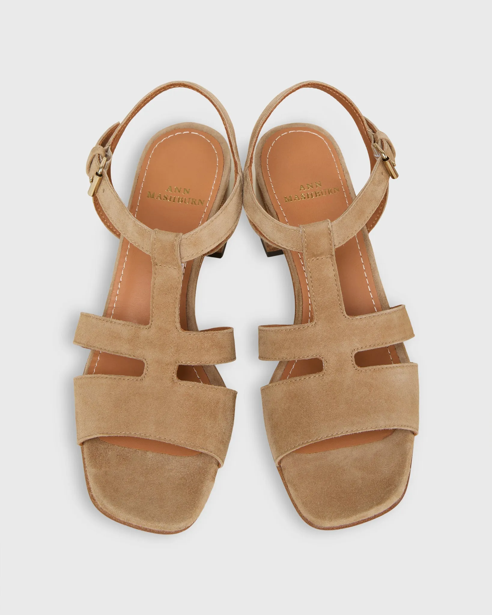Square-Toe T-Strap Heel in Dune Suede