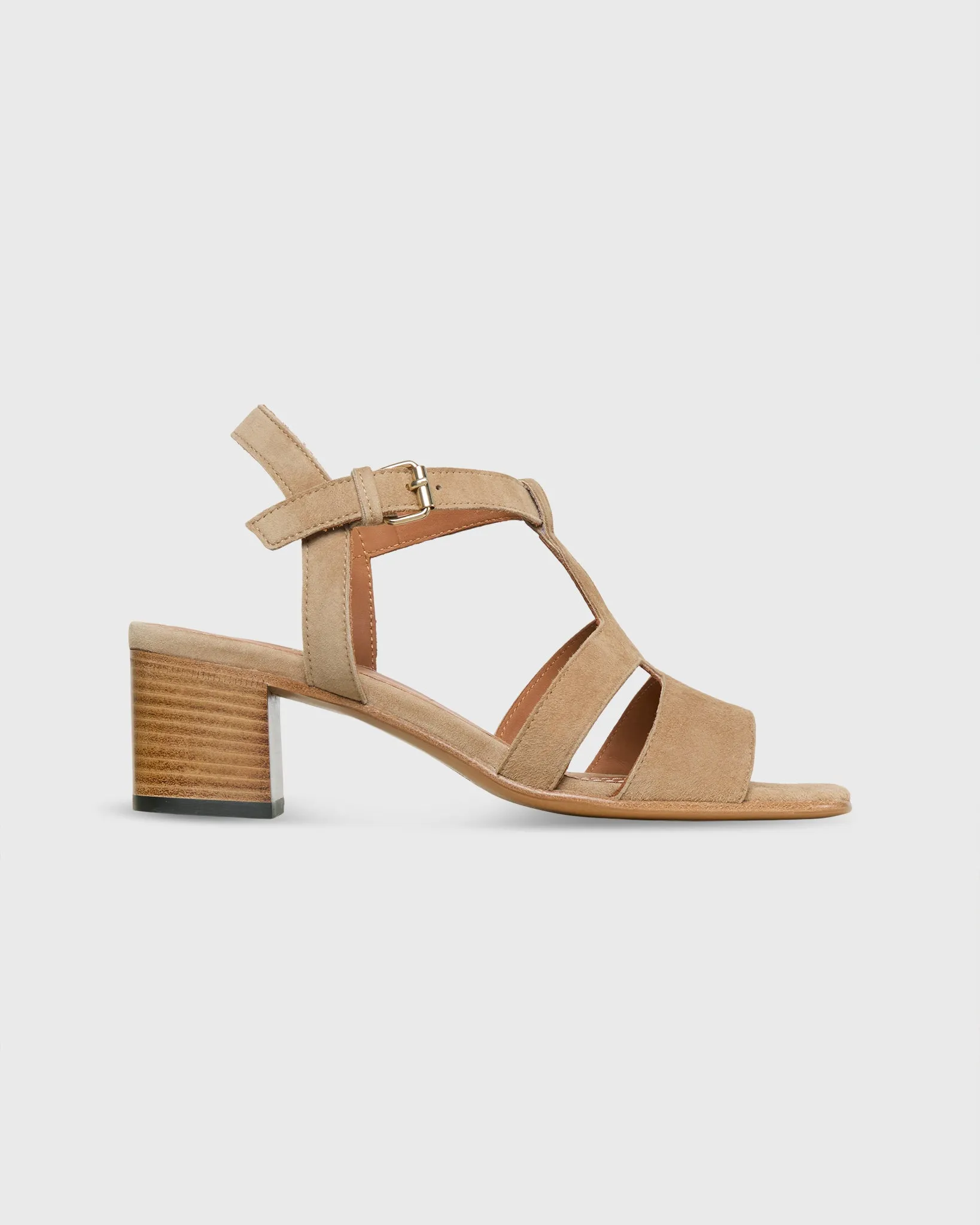 Square-Toe T-Strap Heel in Dune Suede