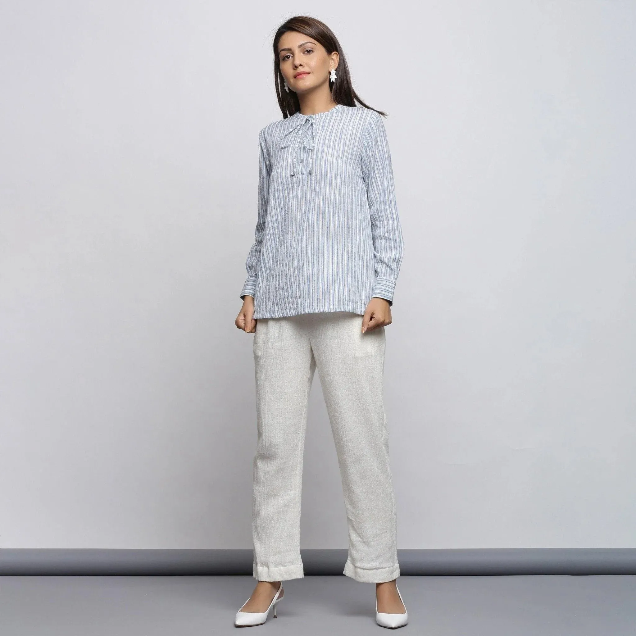 Striped Yarn Dyed Cotton Tie Neck Cuff Sleeve Top