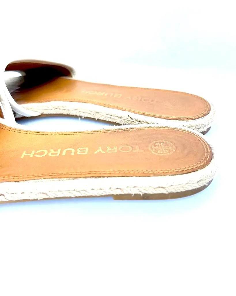 TORY BURCH BEIGE T MONOGRAM WOVEN SLIDES