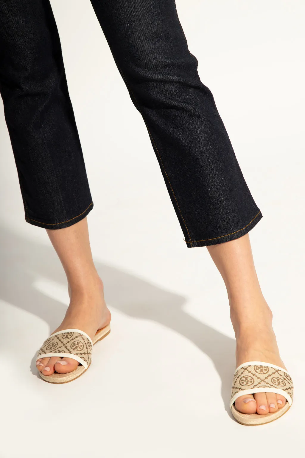 TORY BURCH BEIGE T MONOGRAM WOVEN SLIDES