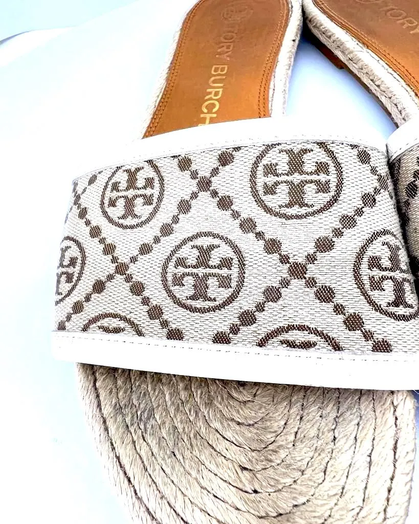 TORY BURCH BEIGE T MONOGRAM WOVEN SLIDES