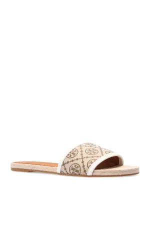 TORY BURCH BEIGE T MONOGRAM WOVEN SLIDES