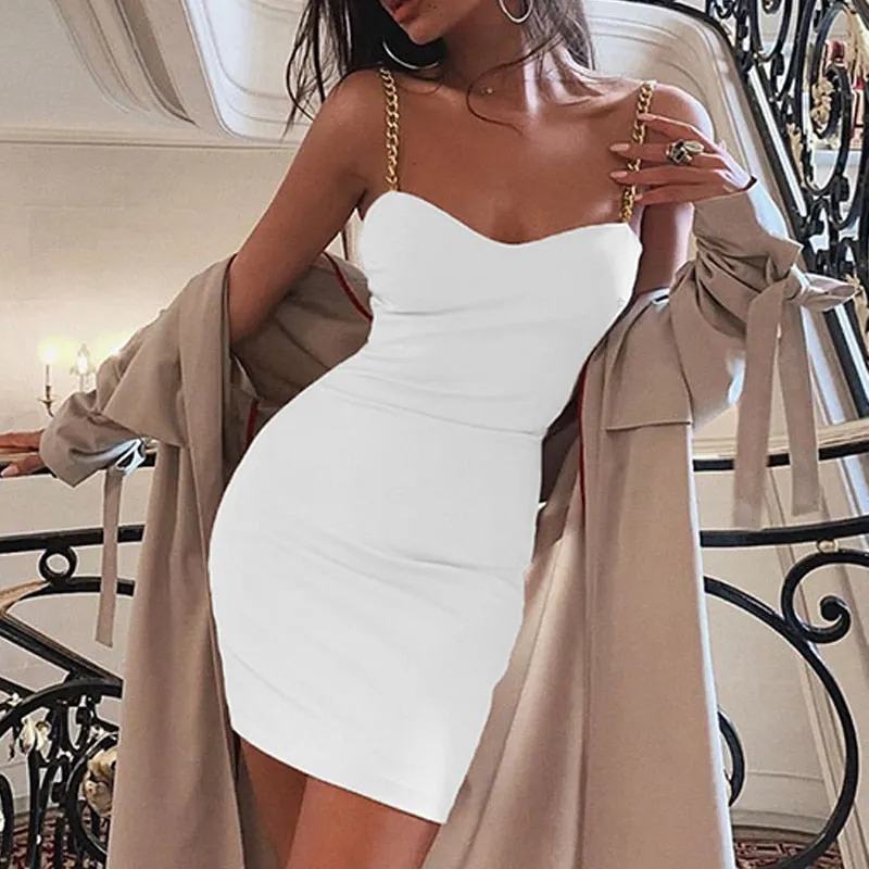 VenusFox Summer Sexy Slim Dress Party Night Woman Chain Strap Stylish V Neck White Elegance Bodycon Backless Women Dresses Vestidos