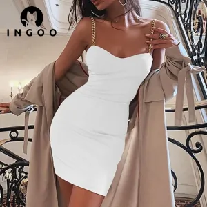 VenusFox Summer Sexy Slim Dress Party Night Woman Chain Strap Stylish V Neck White Elegance Bodycon Backless Women Dresses Vestidos