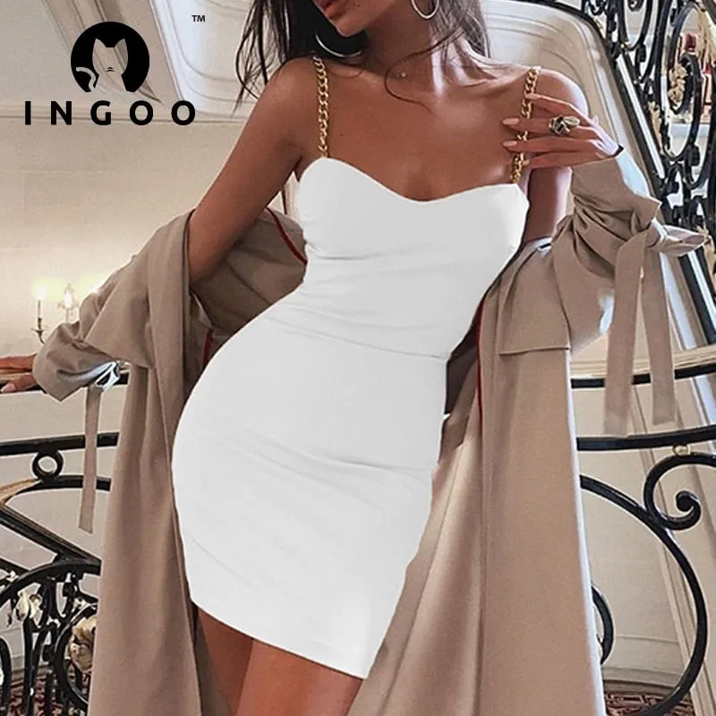 VenusFox Summer Sexy Slim Dress Party Night Woman Chain Strap Stylish V Neck White Elegance Bodycon Backless Women Dresses Vestidos