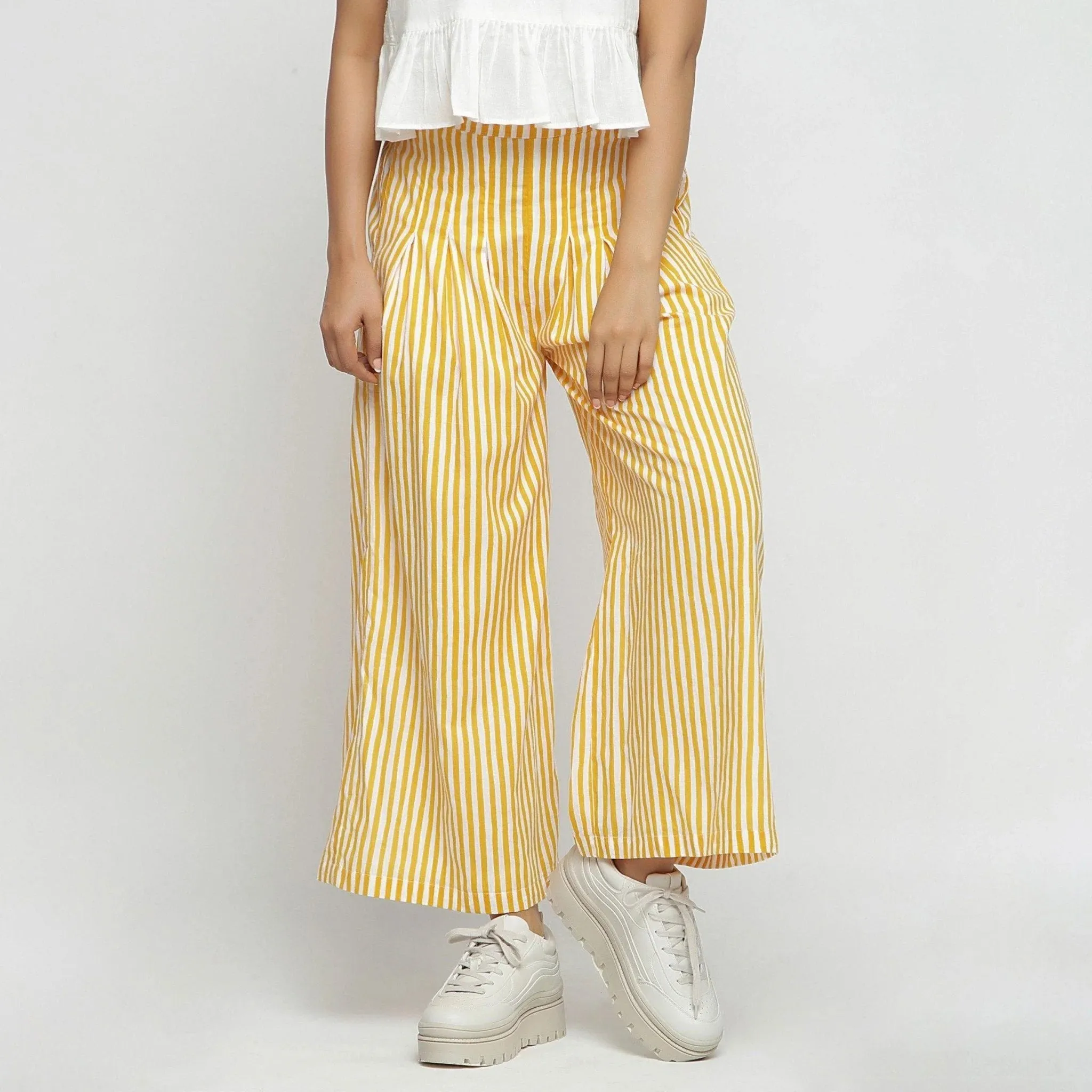 Yellow Striped Hand Screen Print Elasticated Wide Legged Cotton Pant